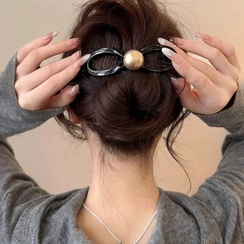 Imagen 2 del producto Pinzas para el cabello trenzadas con lazo de perlas elegantes, pasadores de plátano con lazo de Color café negro, horquillas acrílicas antideslizantes para cabello fino y grueso