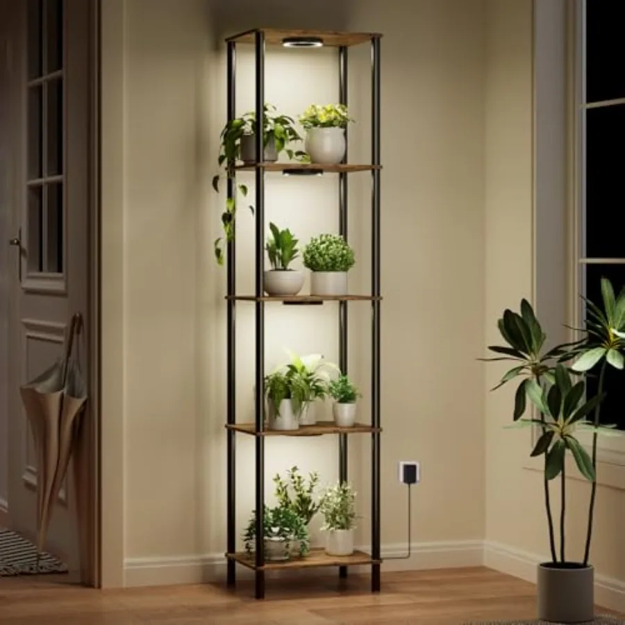 

Indoor plant stand with grow light: 66 tall 5-tier metal shelf in black full-spectrum LED lighting for home corner or patio use