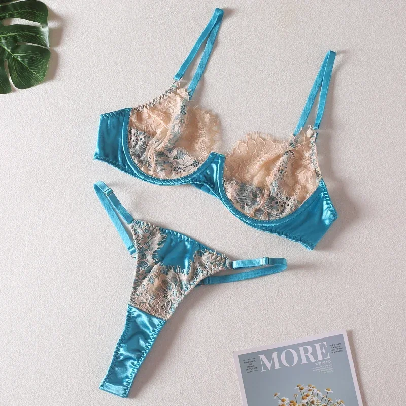 

Sexy Romantic Lingerie Set Lace Transparent Underwear Thong See Through Exotic Set Fairy Patchwork Underwire Women Bra Brief Set
