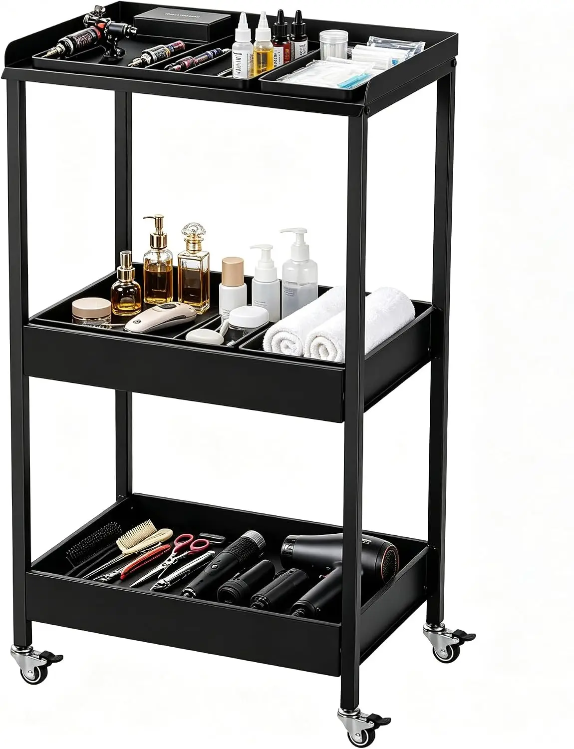 3-Tier Salon Trolley Cart on Wheels，Metal Tattoo Storage Cart | Rolling Utility Organizer Tray for Tattoo Studio, Beauty Salon,