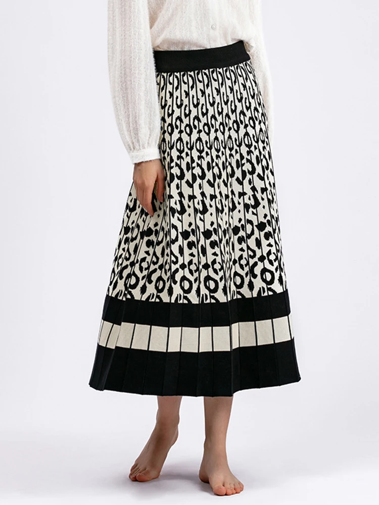 Outono e inverno nova saia midi de malha contrastante com estampa de leopardo retrô para mulheres, estilo médio a longo