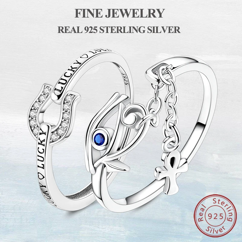 

100% 925 Sterling Silver Ring Horseshoe Ring Eye of Horus Adjustable Ring Finger Band Rings For Women Wedding Engagement Jewelry