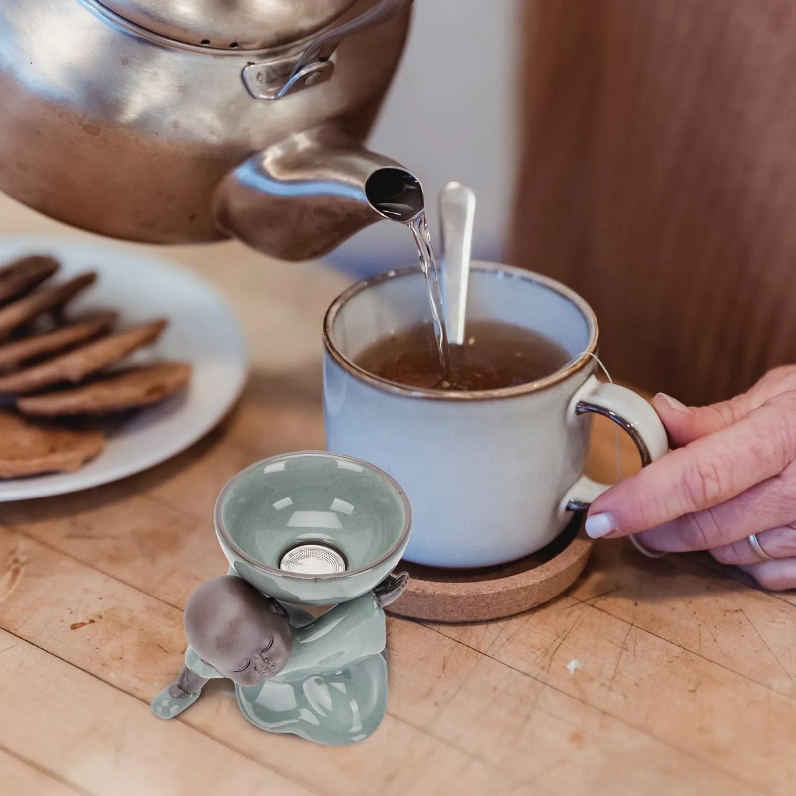 

1Set Ceramic Tea Leak Creative Monk Shape Tea Decoration Desktop Ornament Home Office Garden Adornment Monk Shape Decoration