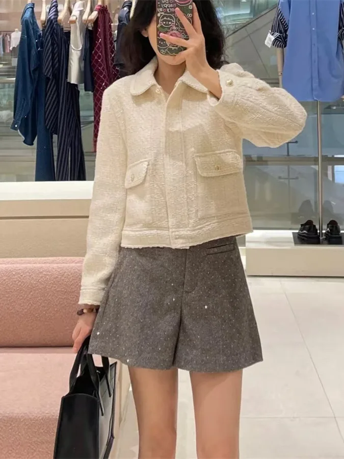 الرجعية محبوك تويد سستة ort دعوى Jaet SD المنزل خريف 2024 معطف بياقة بيضاء مستقيم قطع القطن طويل Sve لون نقي #1