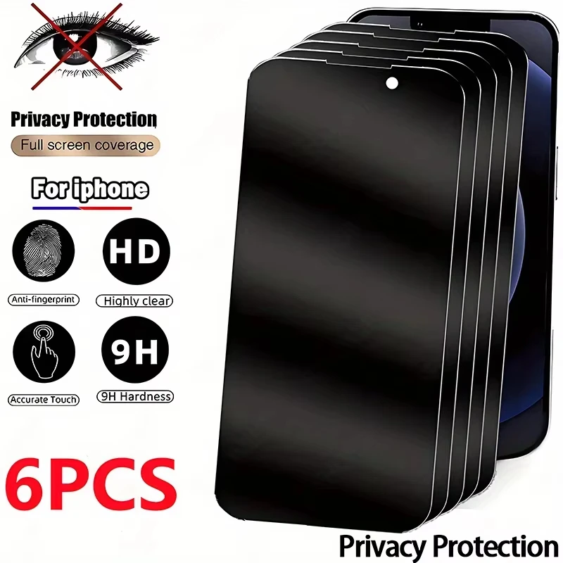 

6pcs Anti-Spy Privacy Tempered Glass Screen Protector For iPhone 16 17 Pro Max 13 14 15 11 12 Mini 6 7 8 Plus 16e Air XR XS Film