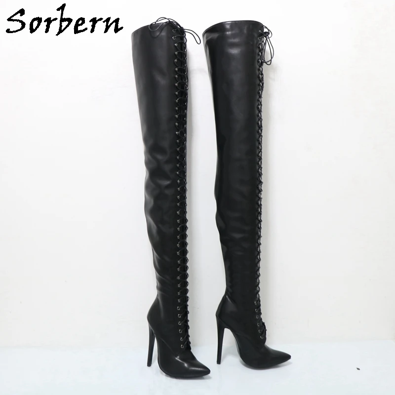 Sorbern Black Real Leather 80Cm Crotch Thigh High Pointed Toe 14Cm High Heel Stilettos Custom Super Long Shaft Lace Up Boots