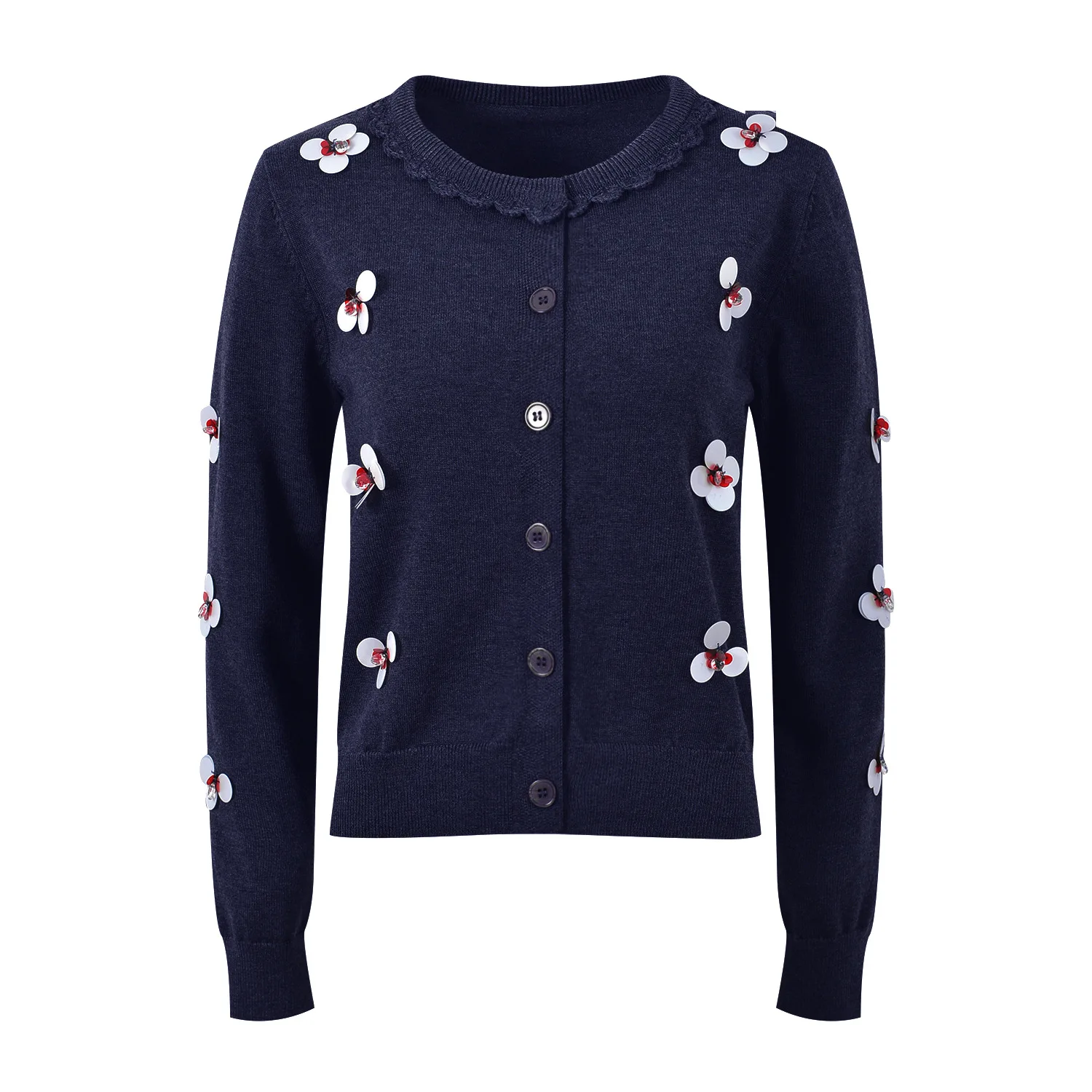 Spring Fashion 3D Floral Applique Cardigan Sweaters for Women Knitting Tops Long Sleeve Casual Knitwears Jersey Mujer Blue