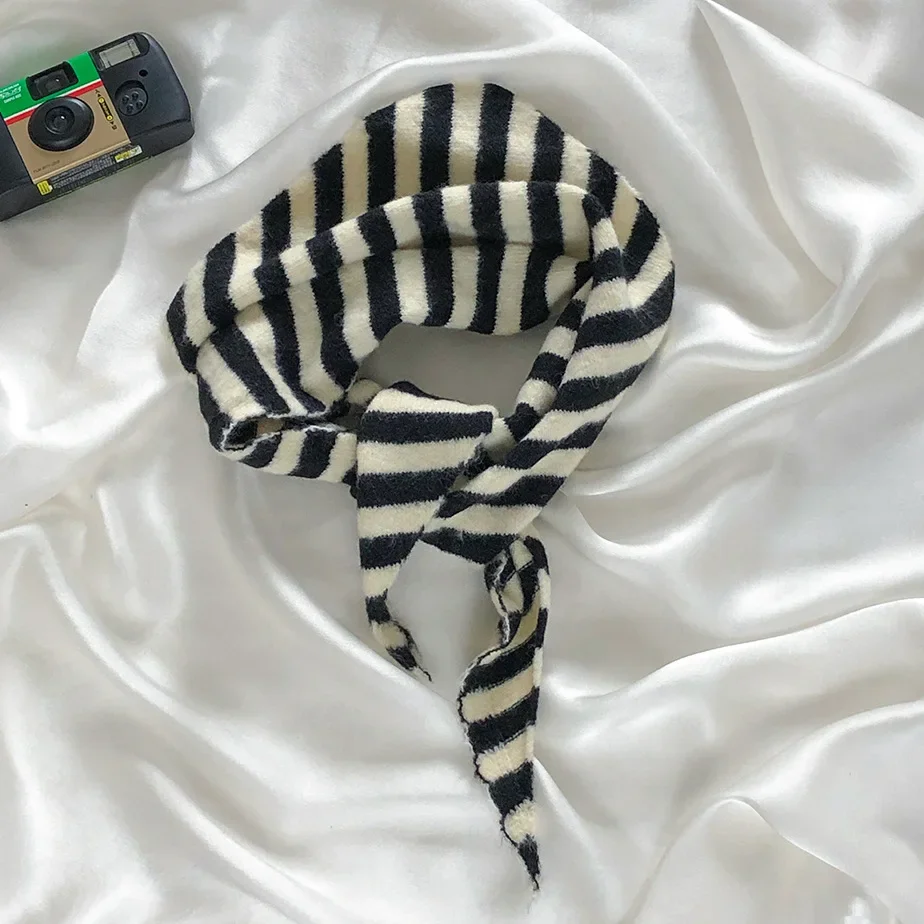 Autumn Winter Black Apricot Striped Wool Knitted Triangle Scarf Small Versatile Warm Korean Triangle Scarf