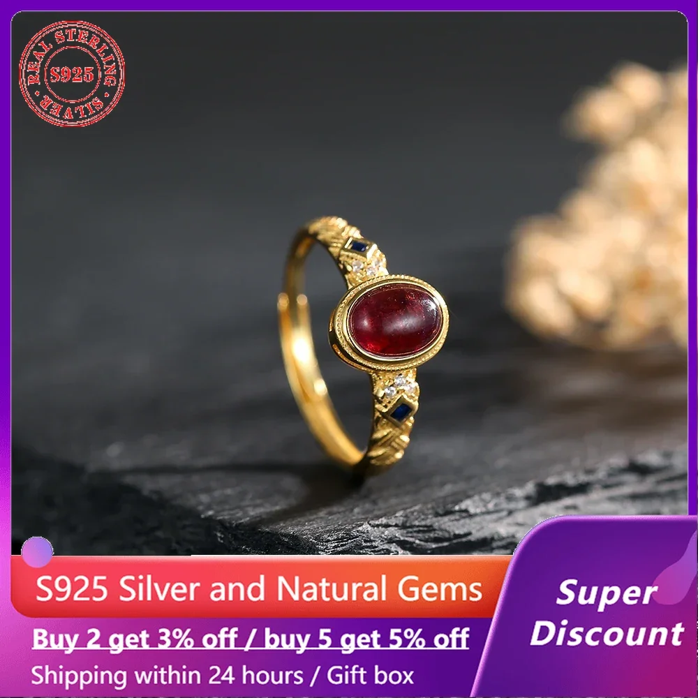 

18k gold plated luxury ring paired with natural crystal garnet women's ring for engagement and wedding 925 silver jewelry gift