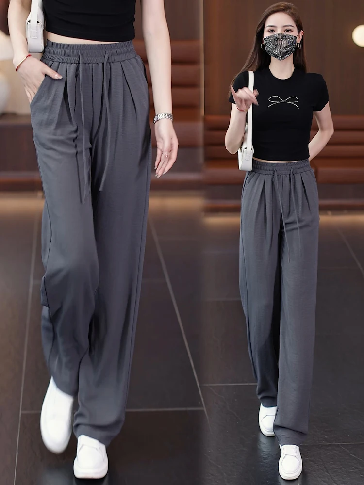 

Женские летние тонкие свободные брюки с высокой талией и широкими штанинами из ледяного шелка, повседневные, прямого кроя, в корейском стиле, с эффектом похудения