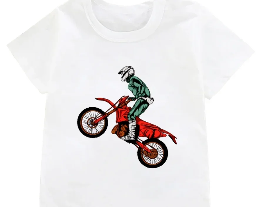 Funny Dirt Bike Motorcycle Print T-shirt Boys Cool White T Shirts Kids Harajuku Summer Short Sleeve Tshirt Tops