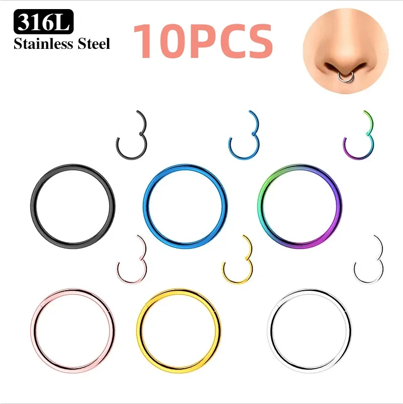 10PCS Stainless Steel Small Nose Rings Septum Piercing Mixed Color Body Clips Hoop Earrings For Women Men Cartilage Jewelry