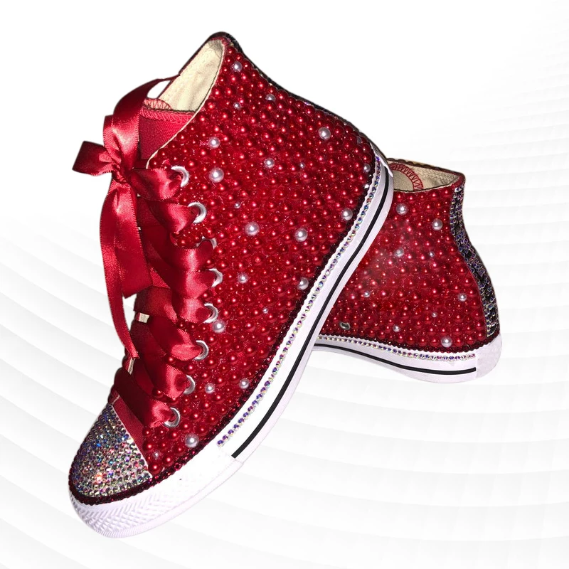 Red high top pearl rhinestones ribbon custom style canvas shoes integrated sports casual shoes women's shoes 35-46