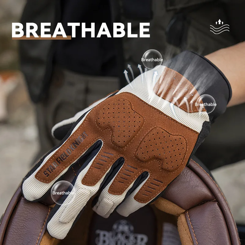 SFK Vintage Motorbike Gloves Breathable Mesh Summer Riding Gloves Shock Absorbing Palm Anti-Slip Finger Joint Protection for Men