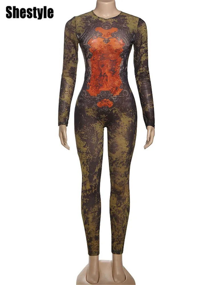 Shestyle Mesh See-Through Jumpsuit Women Green Sheer Back Zipper Bodycon Stretchy Stylish Figure Flattering Slim Fitness Outwear