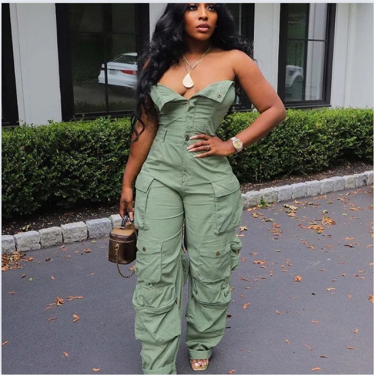 

Sexy Fashion Multiple Pockets Strapless Sleeveless Jumpsuit Y2K Street Cargo Rompers Women One Piece Overalls Clothing