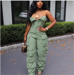 Sexy Fashion Multiple Pockets Strapless Sleeveless Jumpsuit Y2K Street Cargo Rompers Women One Piece Overalls Clothing