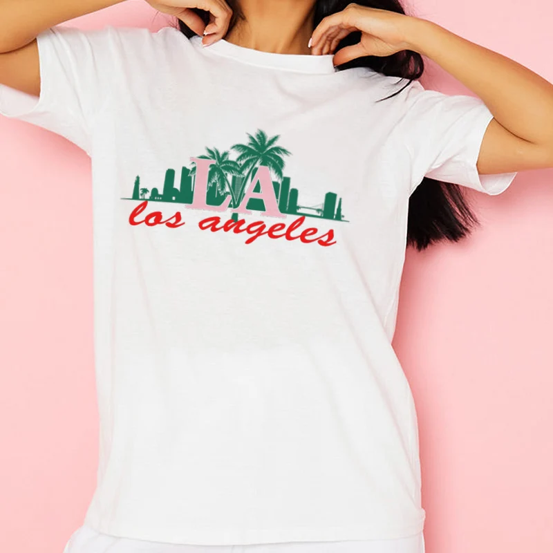 Los Angeles Palm Women Casual Oversized Graphic Tees Skyline Art Vacation T Shirt Summer Fashion Cute Streetwear Tee Shirt Tops