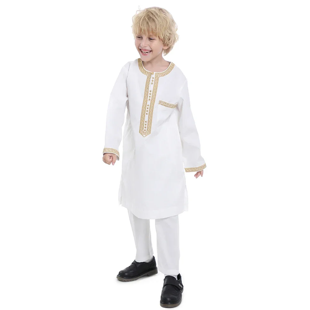 Robe musulmane pour enfants, ensemble 2 pièces, col rond, manches longues, robe imprimée, chemise Abaya Kaftan Jubba Thobe, vêtements islamiques