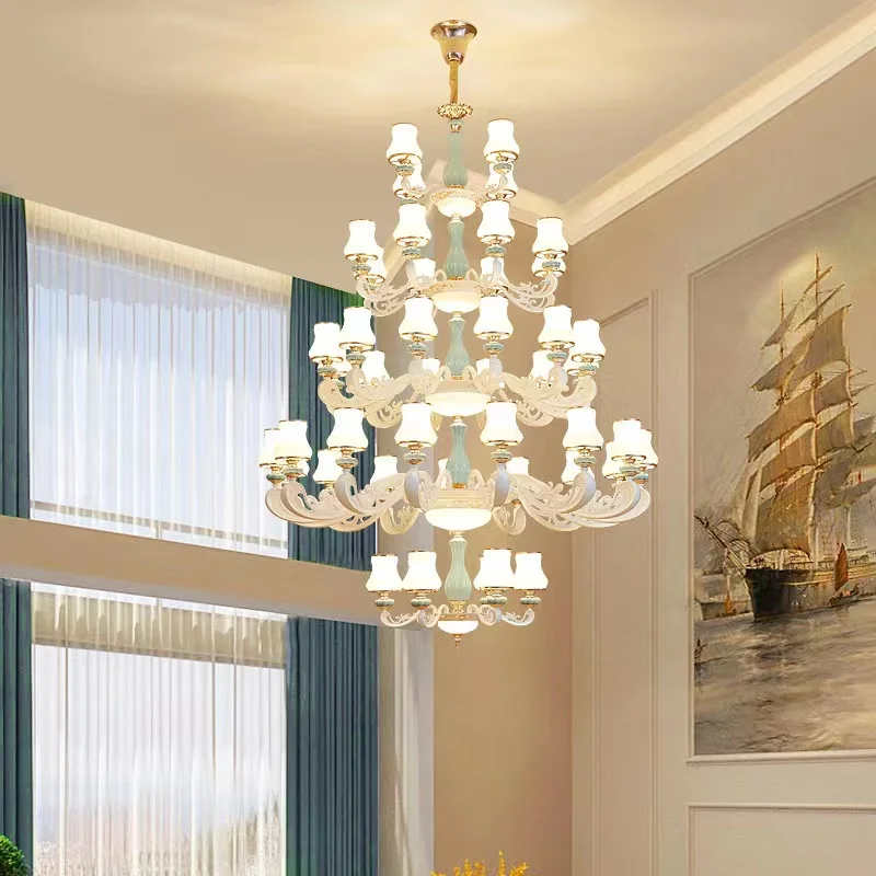 2024 Modern Creative Personality Large Glass Lampshade Ceramic Chandelier Hotel Crystal Chandelier Lighting Hall Chandelier