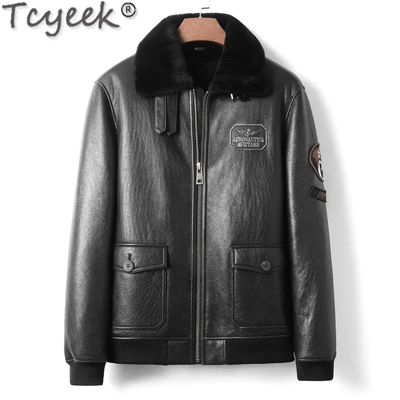 Tcyeek Genuine Leather Man Jackets Warm Real Fur Coat Natural Sheepskin Fur Mens Coats Winter Clothes Motocycle Jacket Slim Fit