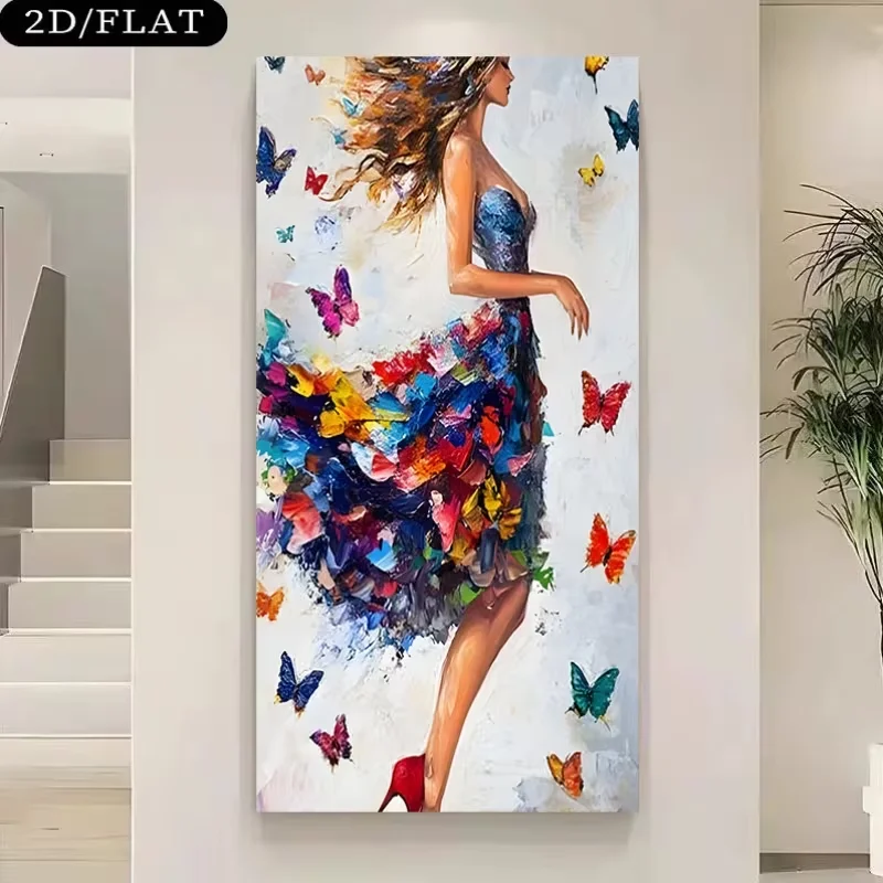 2D Flat, 2D Flat, A 2D/FLAT Unframed Canvas Painting Depicting a Woman in a Colorful Butterfly Dress, Measuring 27.55