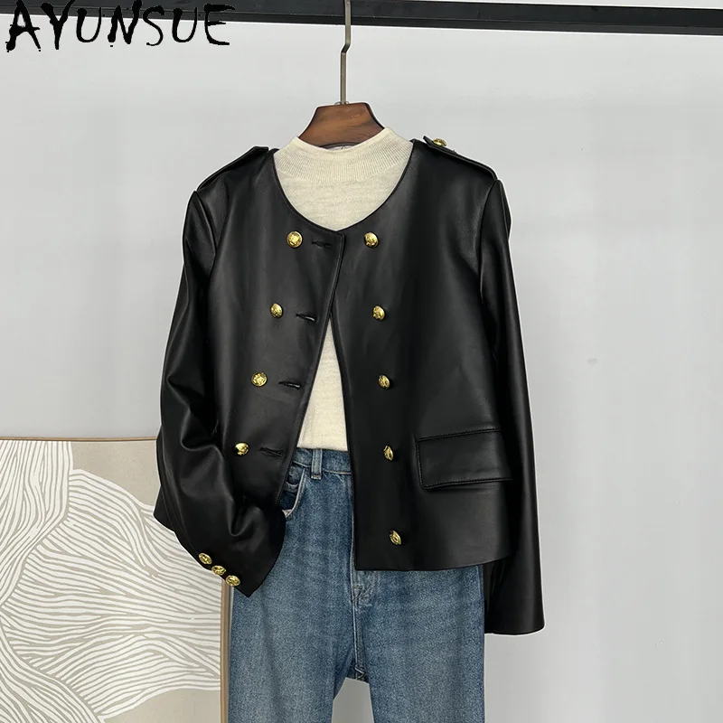 

AYUNSUE Real Leather Jacket Woman Vintage Spring Autumn Clothes 2026 100% Sheepskin Womens Coats Double-breasted Casaco Feminino