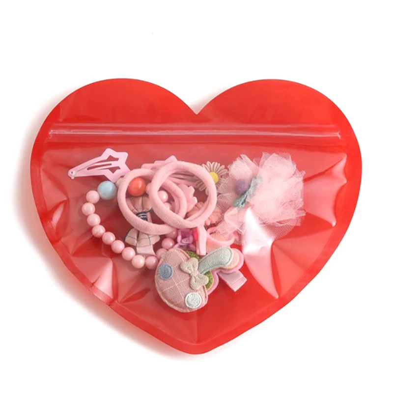 Bolsa iridiscente con cierre de cremallera para joyería, bolsas de sellado de plástico transparente con forma de corazón para exhibición de joyería, embalaje para collar, pendientes y pulsera, 10 piezas