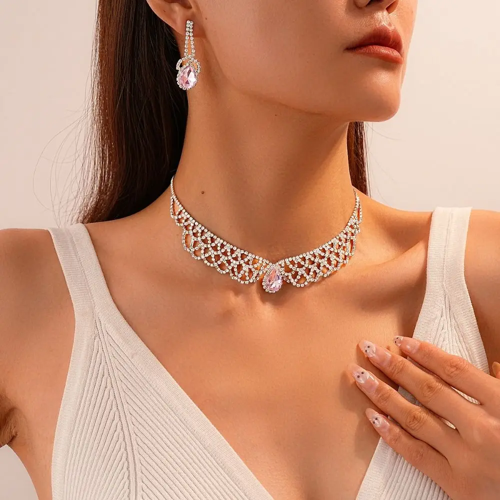 

Bridal Crystal Rhinestone Jewelry Set Shining Exquisite Necklace Earrings Set Luxury Crystal Necklace Set Banquet