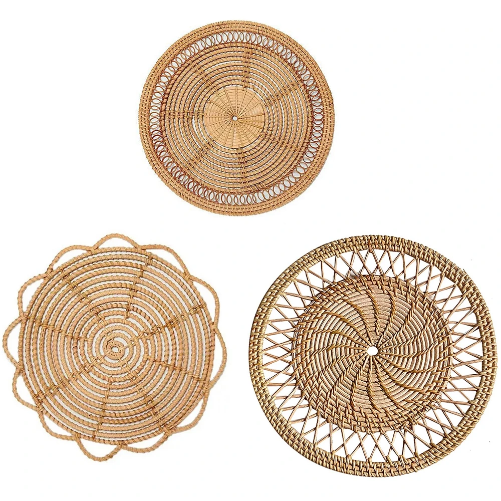 Handmade Rattan Wall Hanging Decor Round Placemat Coaster Natural Wicker Bohemia Style Decoration Rattan Woven Wall Hanging