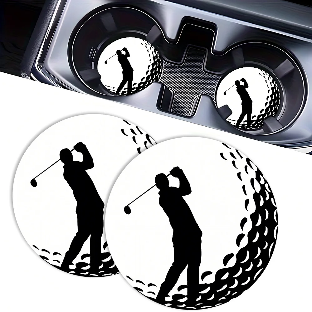 2pcs Golf-Themed Car Cup Holder Coasters - Non-Slip Absorbent Suitable For For Car Ashtrays, Golf Course With Golfer Patterns, F
