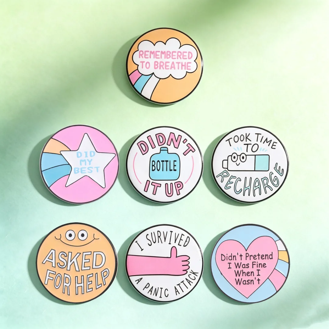  “REMEMBERED TO BREATHE” Mental Health Alloy Enamel Pin Positive Affirmation Round Brooch Backpack Jacket Badge Decor Gift