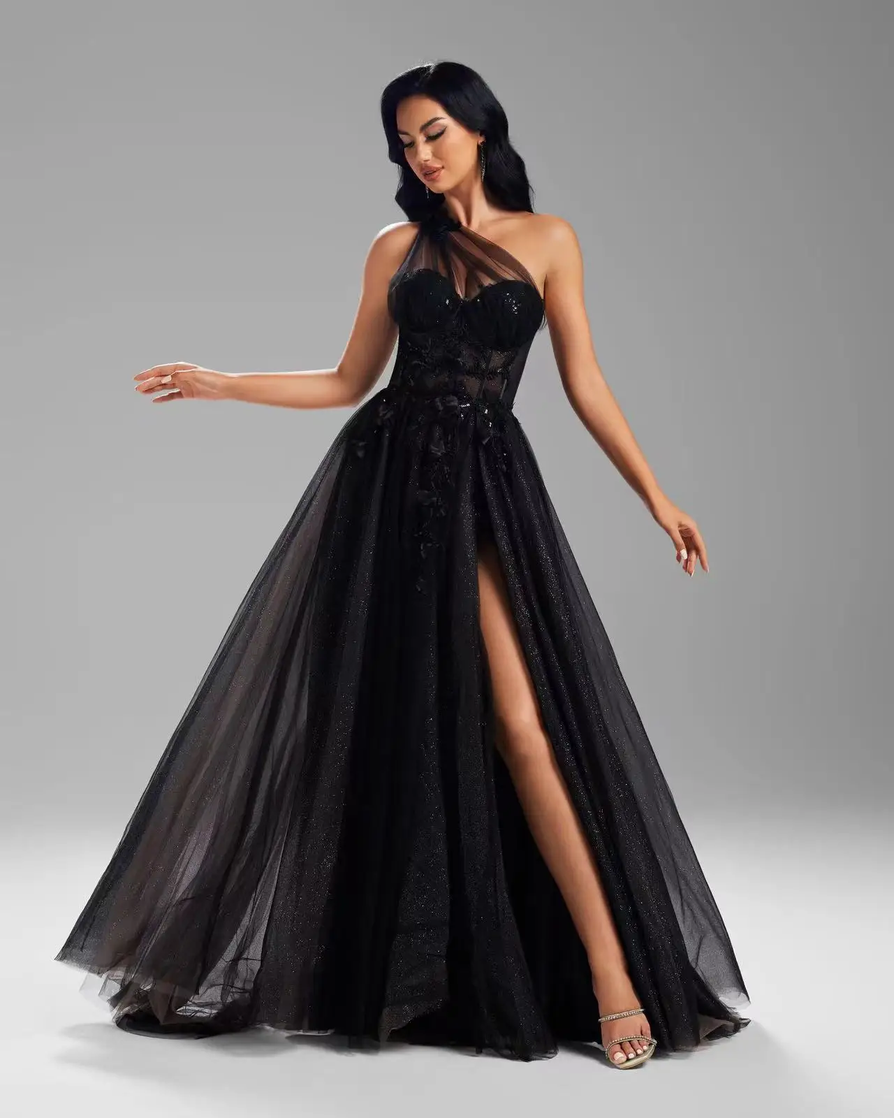 شاليمار تشانغ فساتين سهرة سوداء بأكمام طويلة فستان مضيف فاخر فساتين الحفلات حسب الطلب