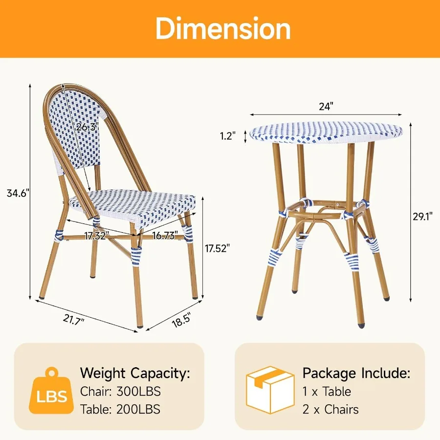 3 Piece French Wicker Bistro Set, All Weather Outdoor Bistro Set