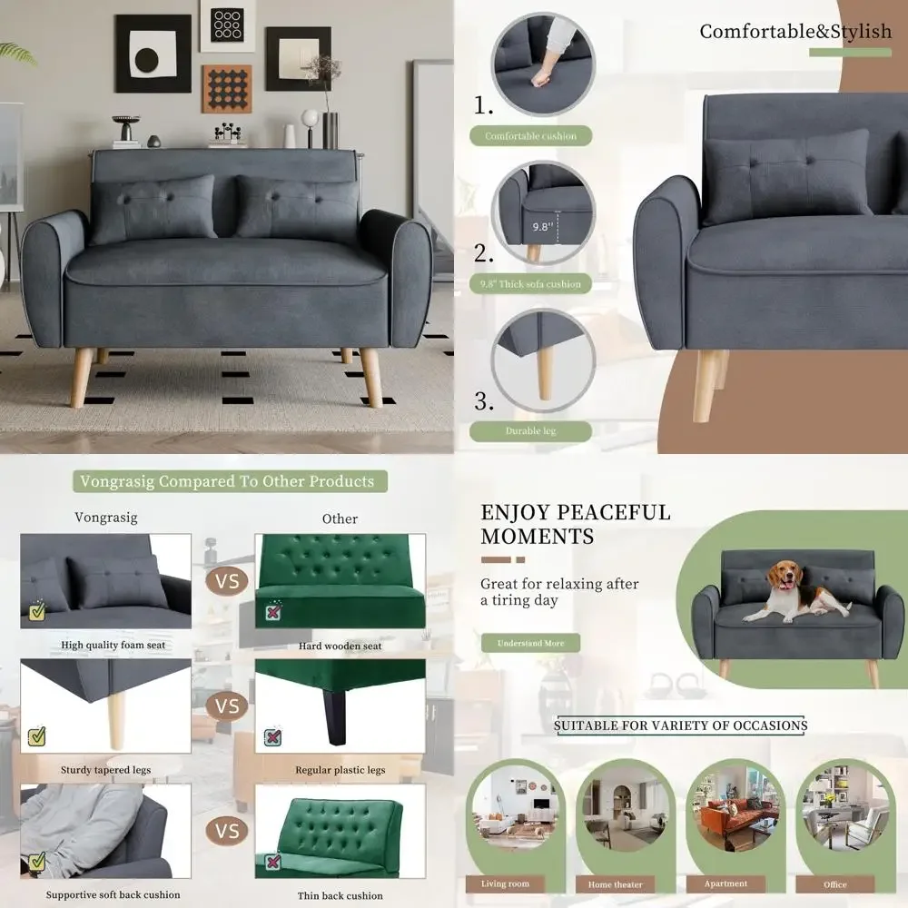 Mid-Century Modern 2-Seat Linen Loveseat Sofa with Tufted Back Cushions and Slim Legs