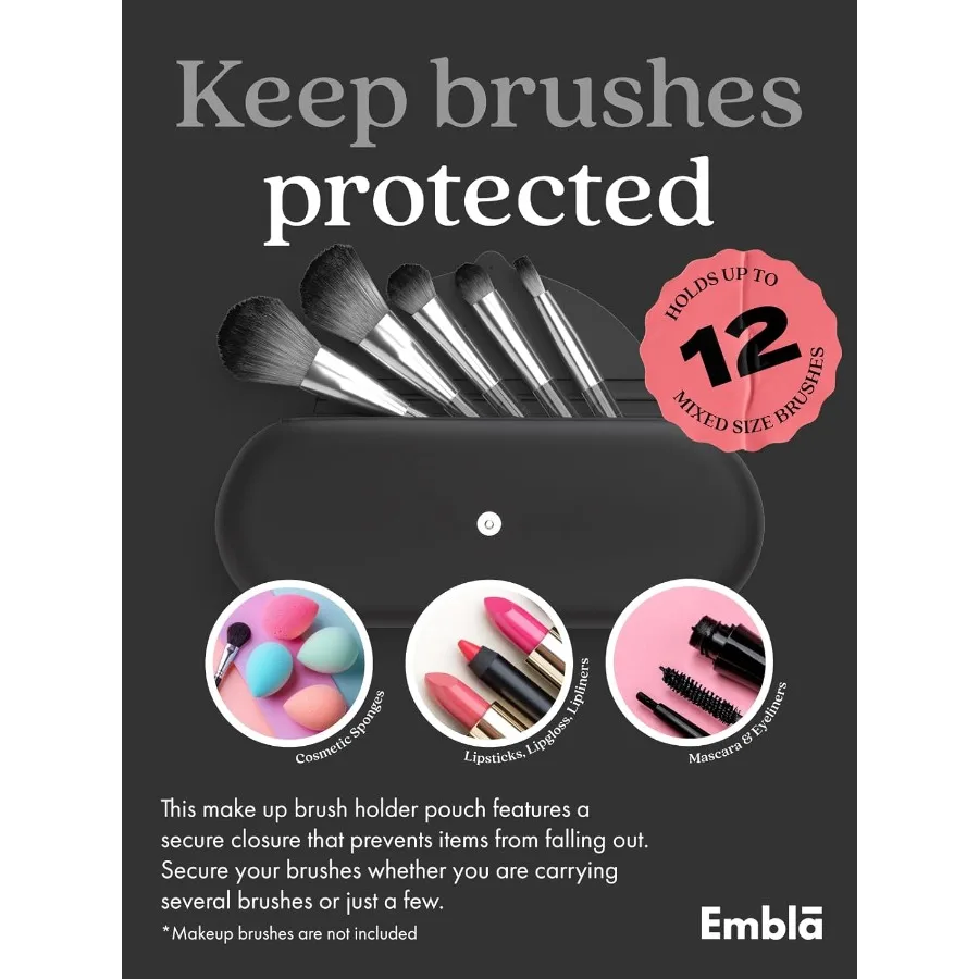 Emblaメイクブラシホルダー トラベルコスメティックケースポーチ ソフトシリコンコスメティックバッグ メイクアップブラシホルダー 安全なスナップ留め付き