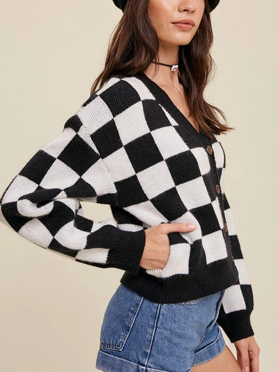 Womens Checkered Crop Cardigan V Neck Long Sleeve Button Down Knit Sweater Casual Streetwear