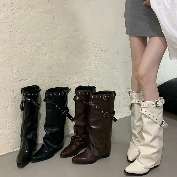 

Punk Belt Buckle Pointed Toe Mid Calf Boots Women Fashion Thick Heel Wide Leg Pants Boots Woman Autumn Winter Pu Leather Botas