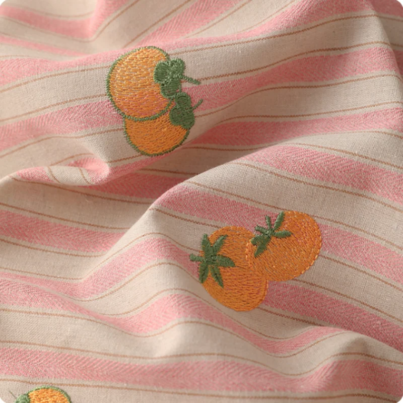 

Pink embroidered striped cotton blended fabric, shirt, dress, children's clothing DIY handmade fabric