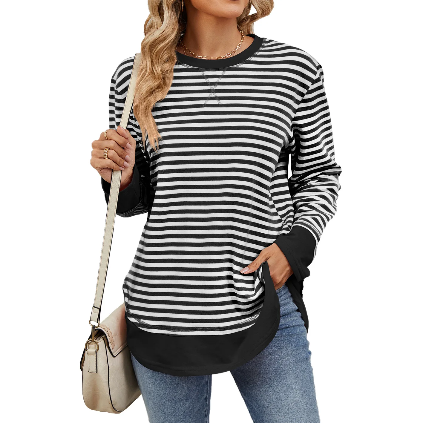 

Spring Autumn Women's Sweatshirt Stripes Contrasting Color Fashion Pullover O-Neck Loose Long-sleeved Top