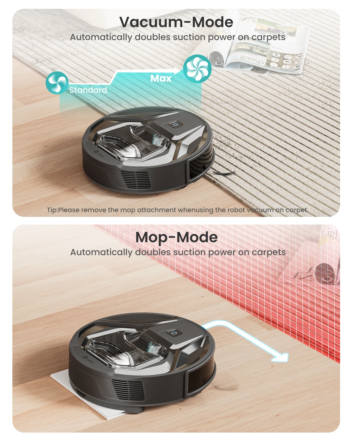 Robot aspirador Lefant M320, succión de 6000 Pa, bajo ruido, tiempo de ejecución de 210 minutos, autocargable, Ideal para suelos duros, pelo de