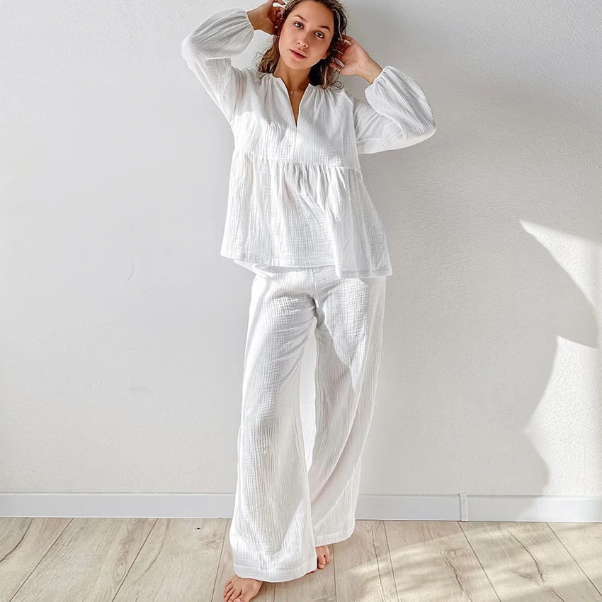 

Hiloc 2025: Чистый хлопок, белый, с длинным рукавом, v-образным вырезом, рукавами-манжетами, верхний костюм, брюки длиной до пола, комплект, женская складная пижама, комплект из 2 предметов