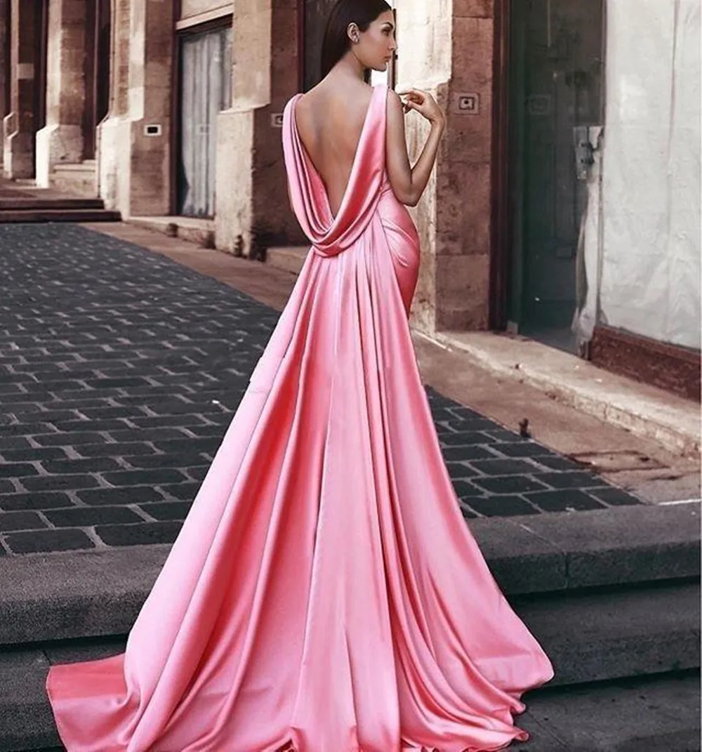 Mermaid Formal Evening Dresses 2022 Scoop Backless Middle East WomenGowns with Wraps Watermelon Pink Dinner