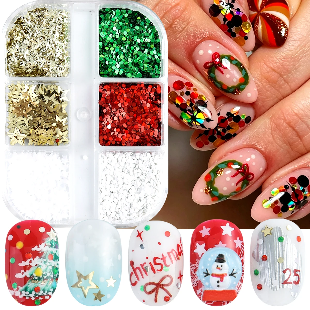 Christmas Nail Sequins Holographic Star & Round Flakes Red Green White Gold Xmas Sparkly Paillettes for DIY Manicure Winter Holi