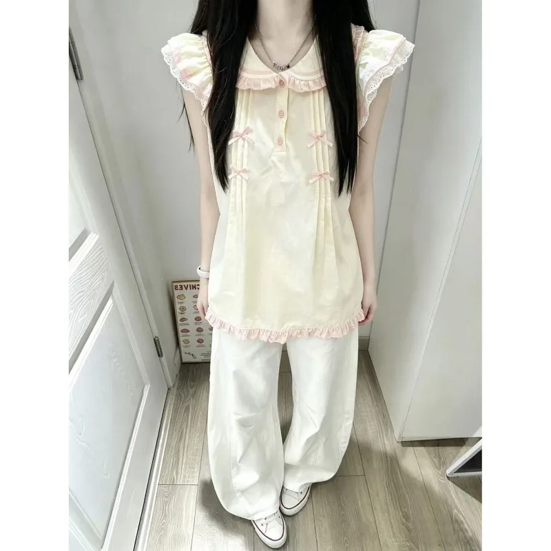 Kimotimo Women Peter Pan Collar Tank Top Lace Ruffle Short Sleeve Spliced Bow Button Tops Summer Vintage Sweet Loose Y2k Blouse