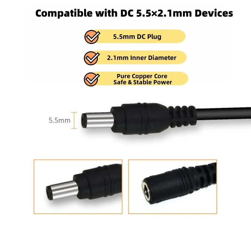 All Copper DC Power Extension Cable 1-20M DC 5.5*2.1mm Compatible with Projectors Monitors Laptops Cameras