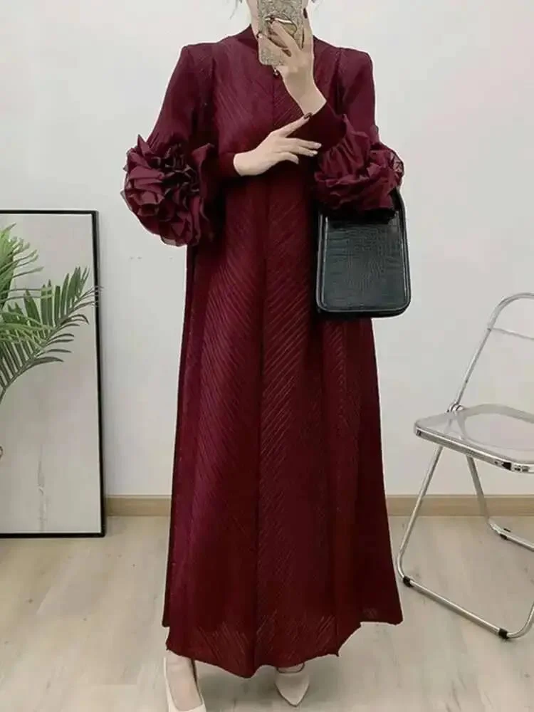 Plissiertes Maxikleid für Damen Weinrot Lange Rüschenärmel Einfarbig Locker Elegant Kleidung 2025 Frühling Neu 2ADG1