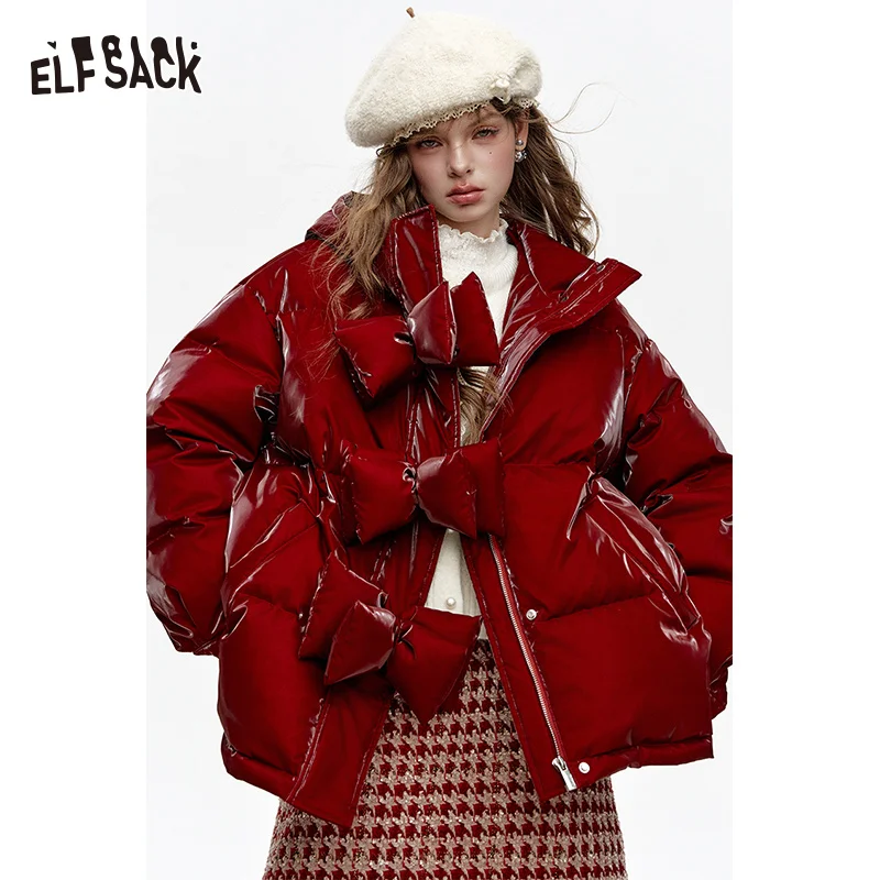 

ELFSACK 2024 Winter New Arrivals Hooded Bow Buttons Short Down Jacket Women