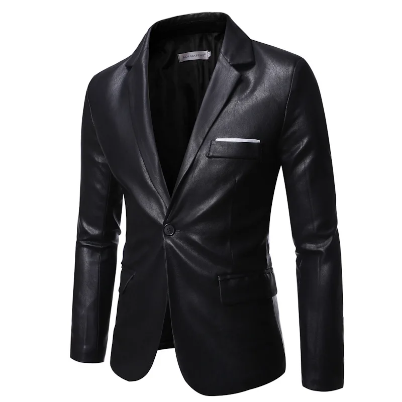 Men\'s suit jacket casual Korean style slim fit business wear PU leather blazer