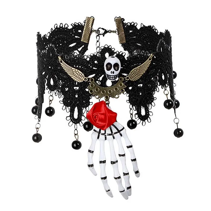 Halloween Lace Skull Hair Hoops With Bead Chain Fancy Dress Cosplay Hairband Halloween Hair Accessories For Masquerade